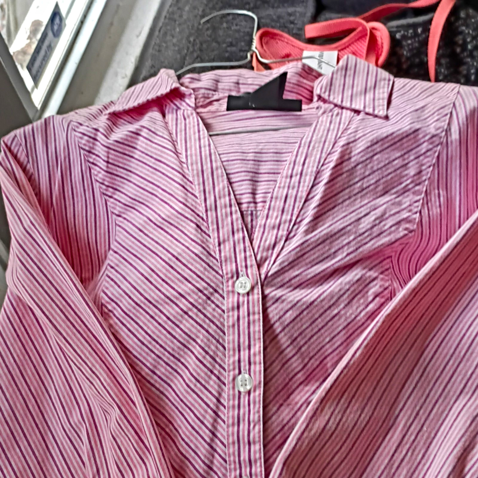 Style & Co. Women’s Pink/White Striped Stretch Collared Button Front Shirt 14