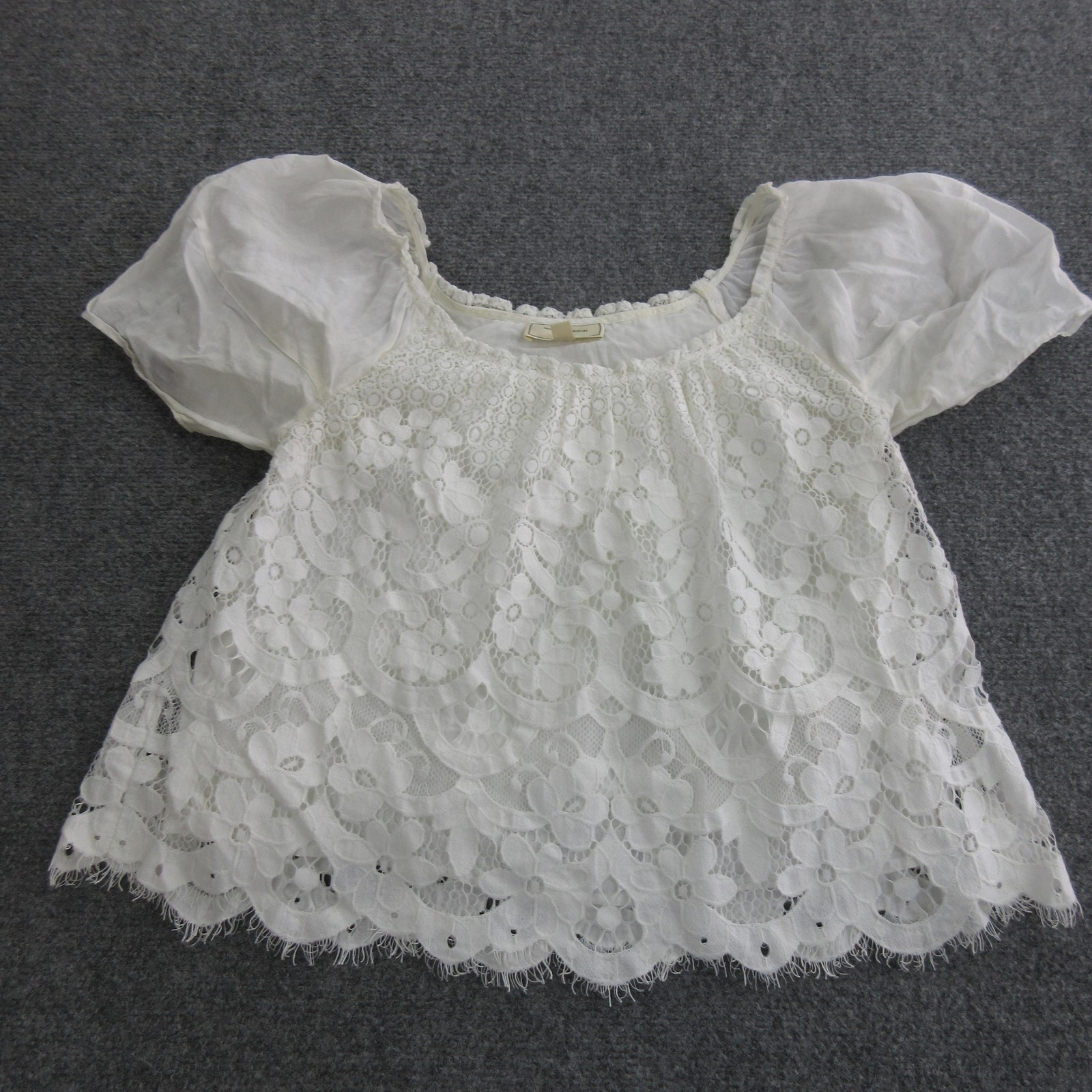 Moulinette Soeurs Blouse Womens S White Lace Crochet Puff Sleeve Cropped Top