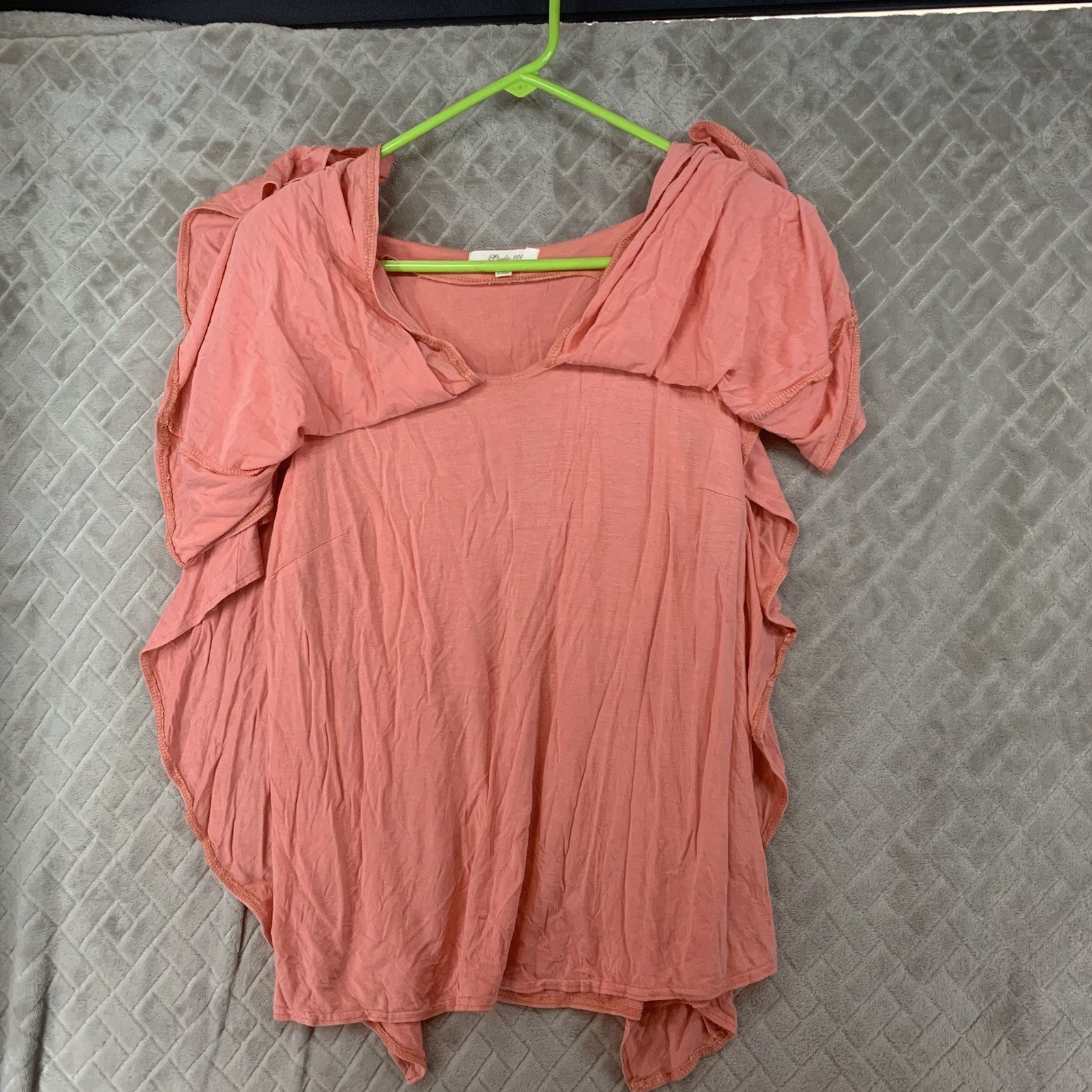 Studio 101 Blouse Women L Coral Orange Short Sleeve Ruffle Boho Hippie Lagenlook
