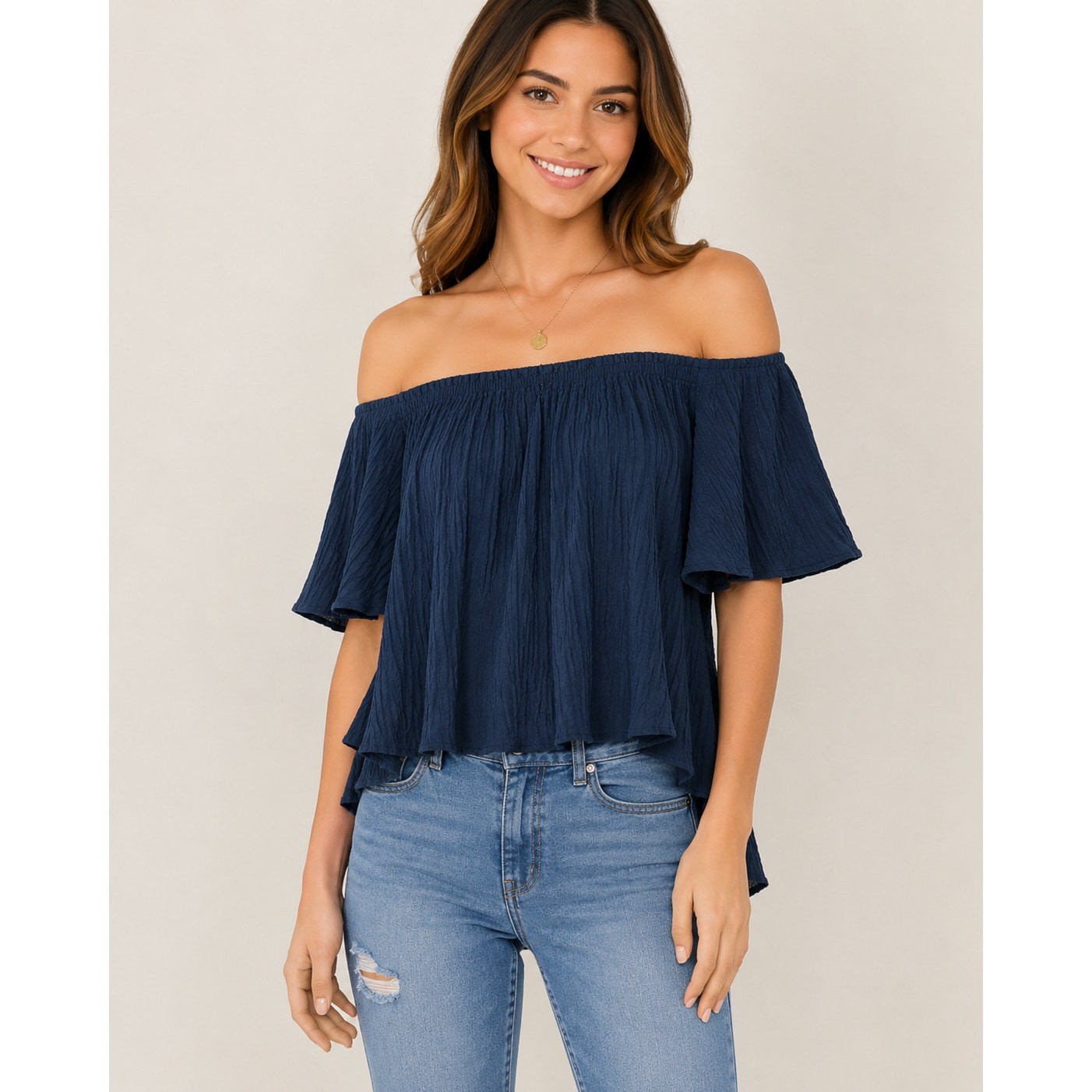 Velia Sierra Italian Linen Textured Off-The-Shoulder Top Deep Navy Size Medium