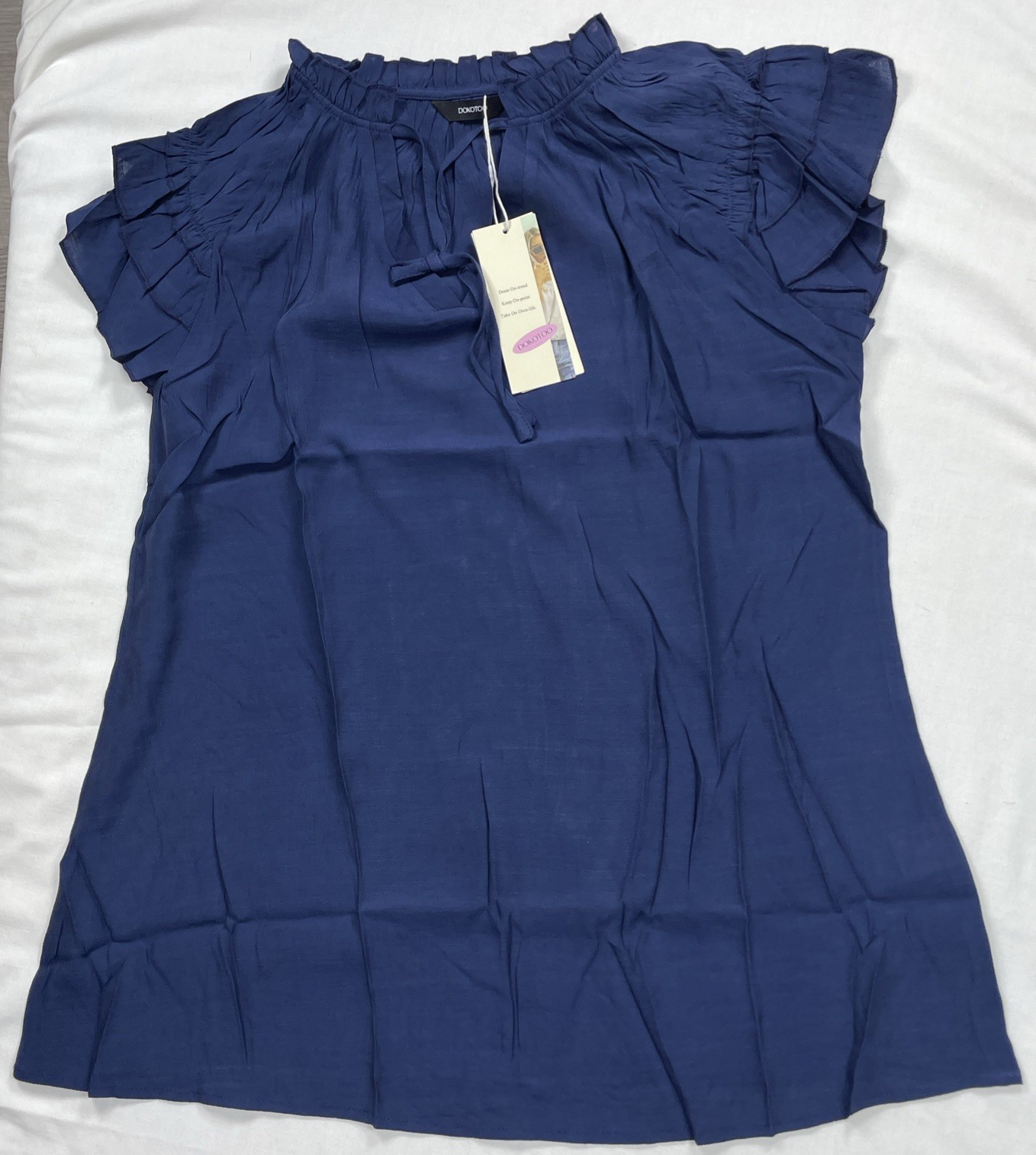 Dokotoo Women’s Casual V Neck Top L Navy Drawstring Short Sleeve Blouse NWT