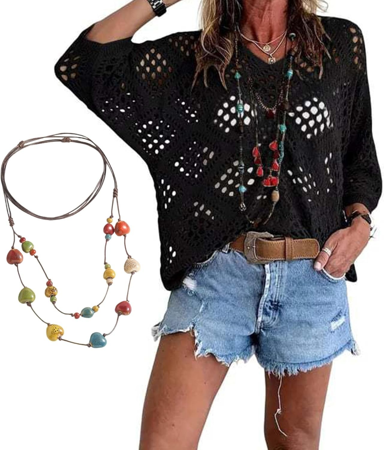 Women’s Bohemian-Inspired Beige Crochet Top with V-Neck