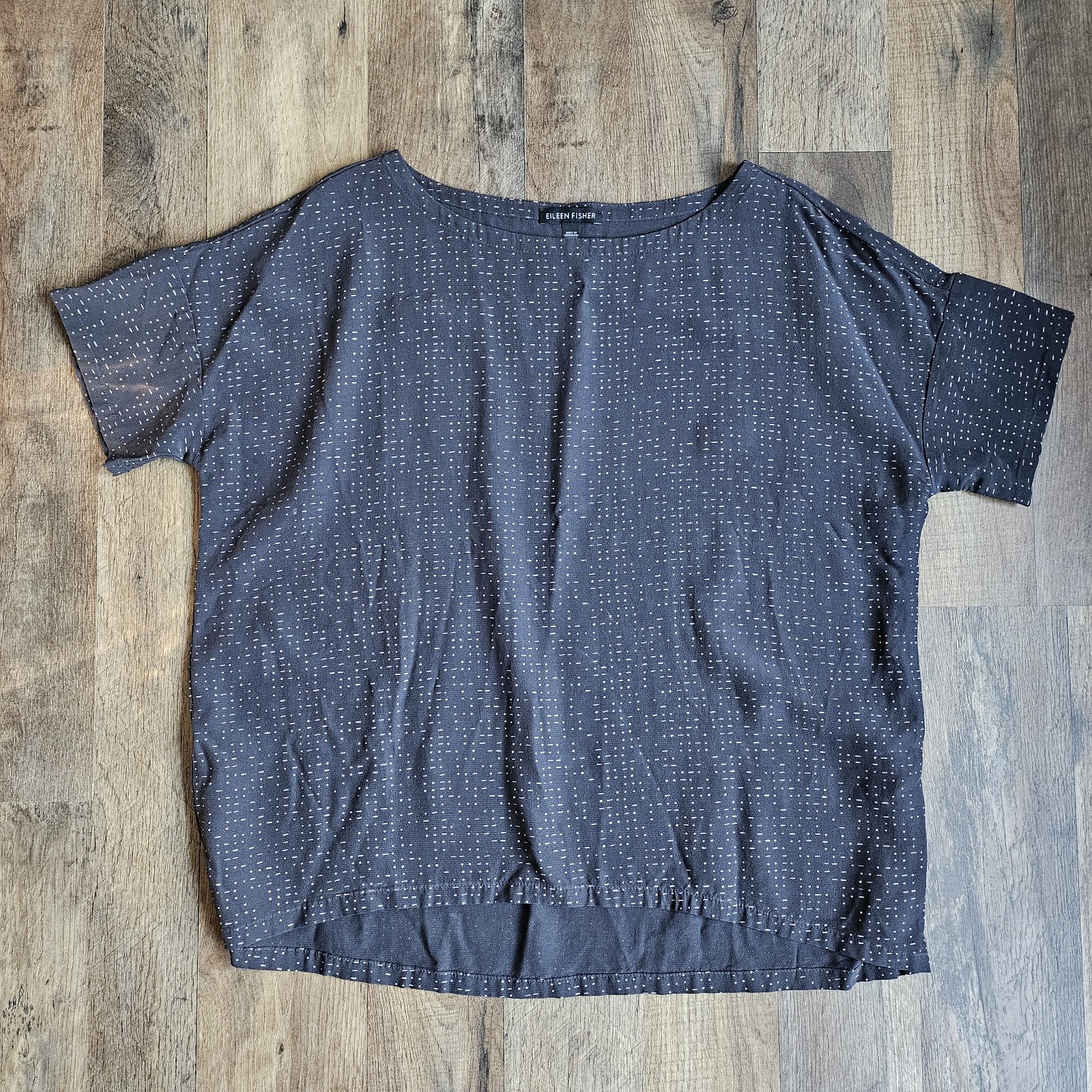 Eileen Fisher Silk Blend Boxy Top Charcoal White Dash Print Minimalist Womens XS