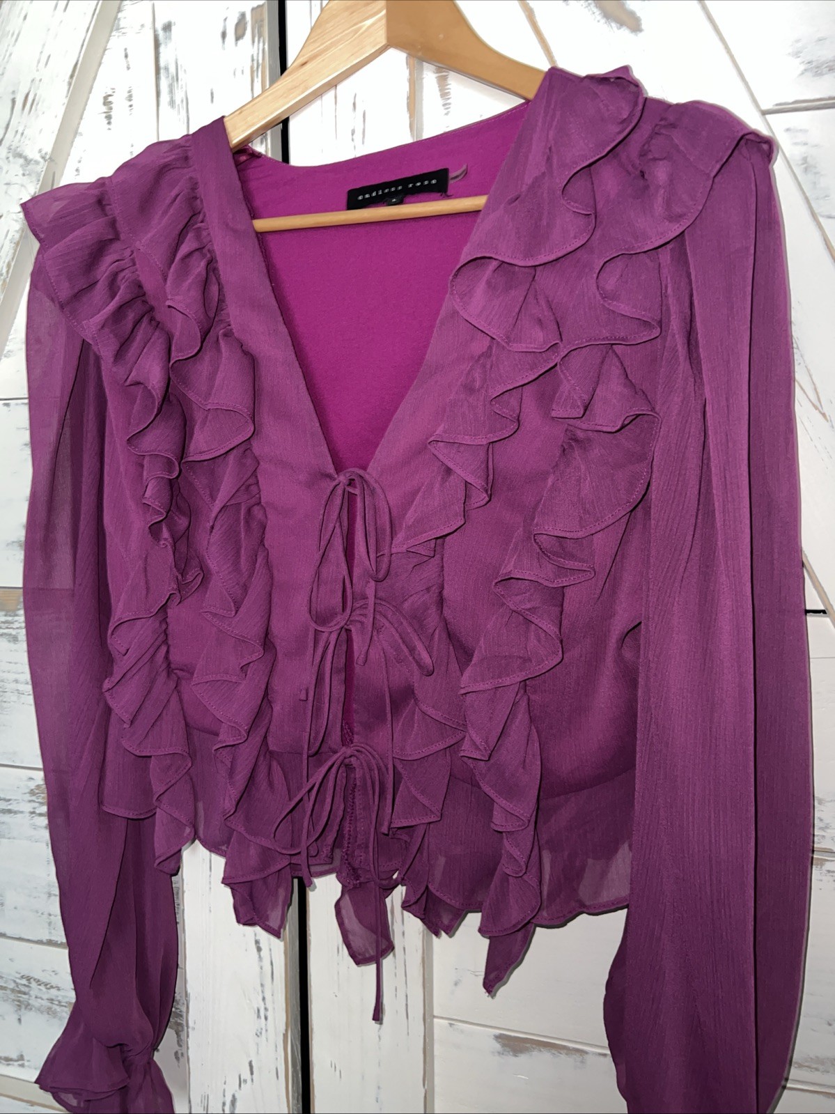 Endless Rose Shirt Fuschia Pink Tie Front V Neck Ruffle Bell Slv Sheer Sz L NWOT