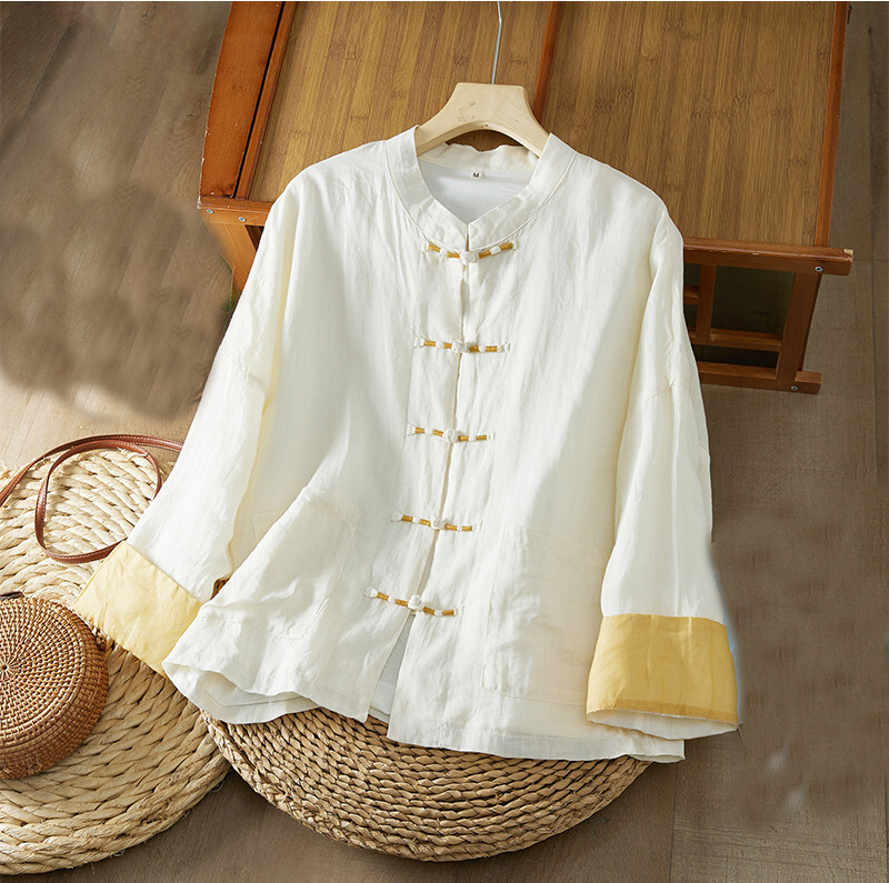 Chinese Style Womens Cotton Linen Shirts Blouse Loose Cardigan Coats Tops