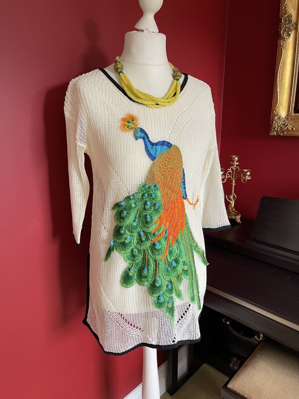DooYue Peacock Appliqué Beaded sequin lace colourful sheer croshet tunic top M