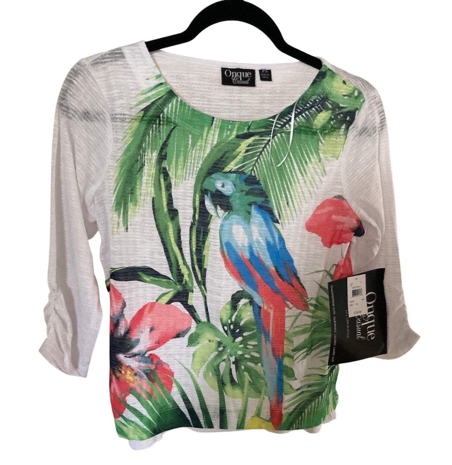 Onque Coastal Women’s White Tropical Print Long Sleeve Top NWT Varies