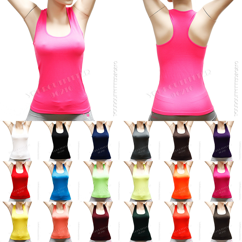 Women Seamless Ribbed Racer Back Slim Stretch Tank Top Sleeveless Yoga Gym