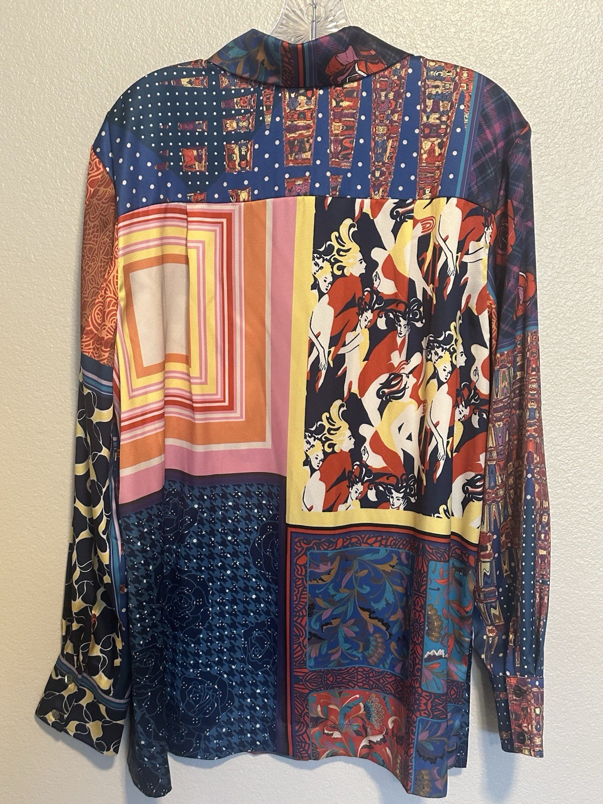 STAUD Martha Patchwork Satin Twill Tunic Button Blouse Multi Color Print Top L