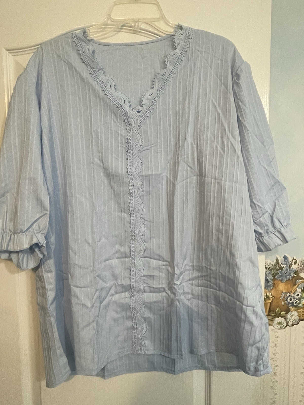 Blouse Casual Top Light Blue with Blue Trim V-Neck NEW Womens 2XL