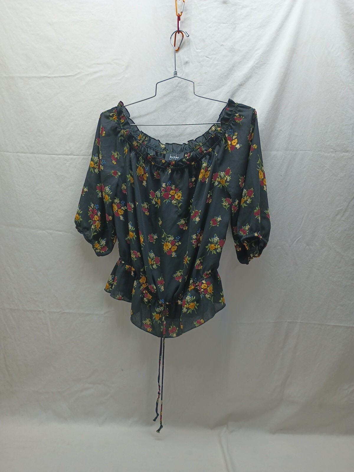 by by Black Floral Sheer Bell Sleeves Elastic Waist Size 8 Blouse