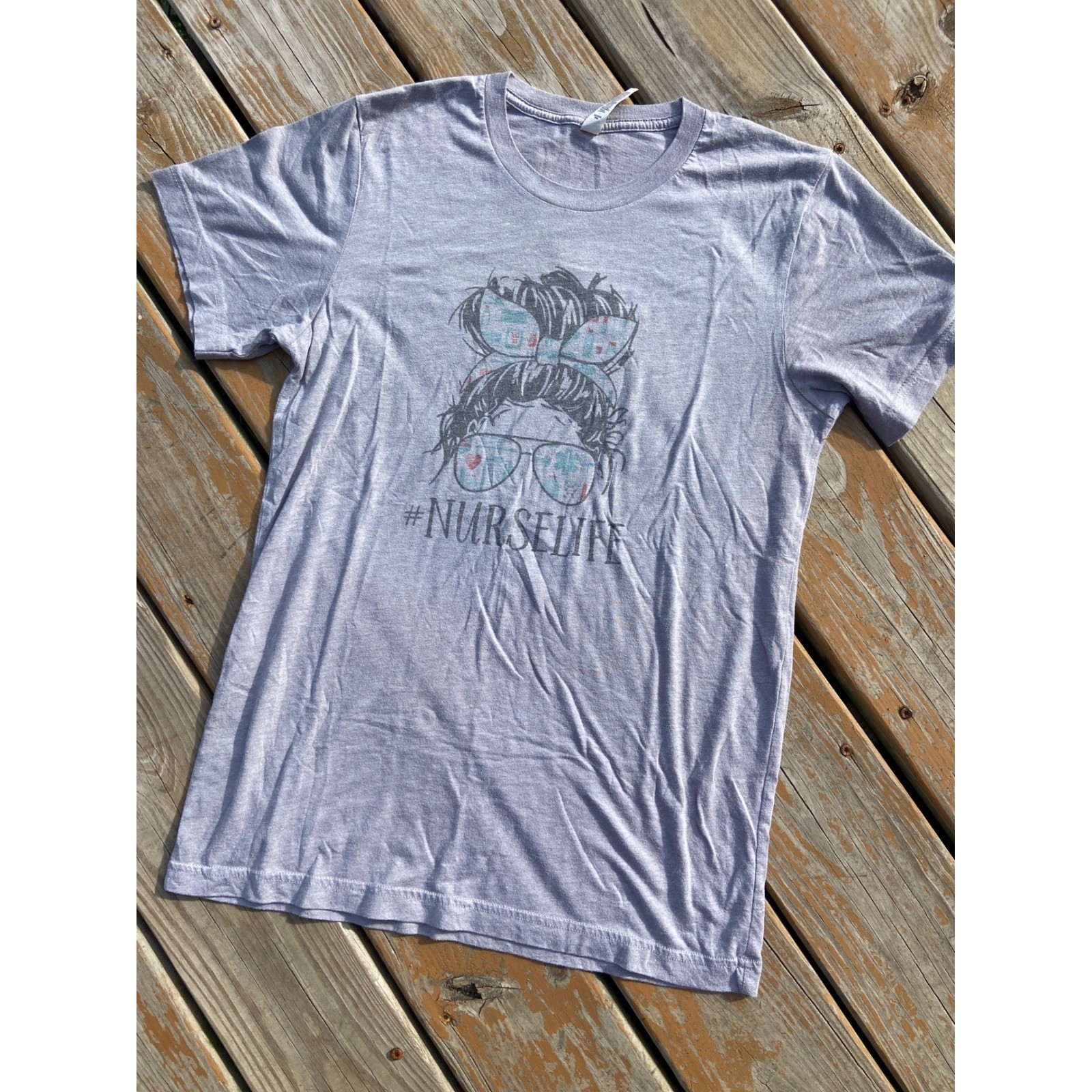 Bella Canvas Nurse Life Messy Bun Graphic T-Shirt Heather Grey Women Medium