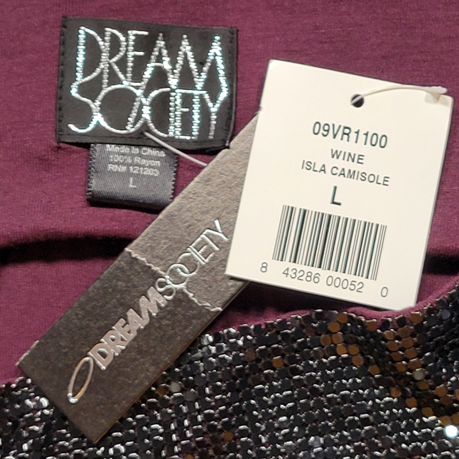 Dream Society Women Tank Size L Purple Merlot Preppy Cami Beaded Spaghetti Strap