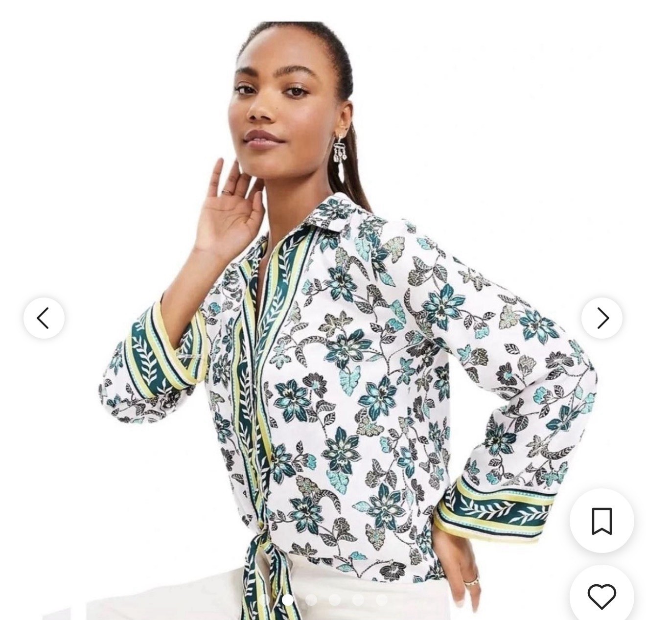 LOFT Women’s Floral Satin Collared 3/4 Sleeve Tie Front Button Blouse L