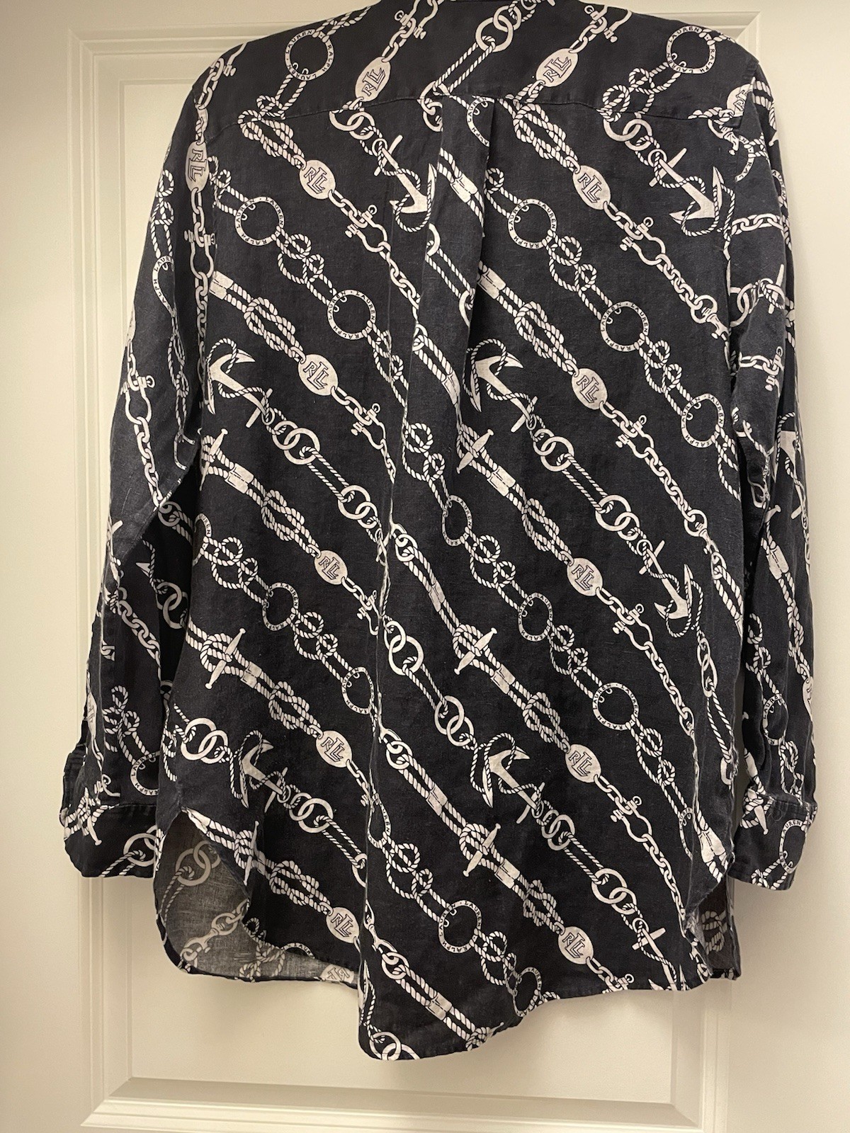 Lauren Ralph Lauren Shirt Nautical Print 1/2 Button Up Linen Navy Blue Womens XL