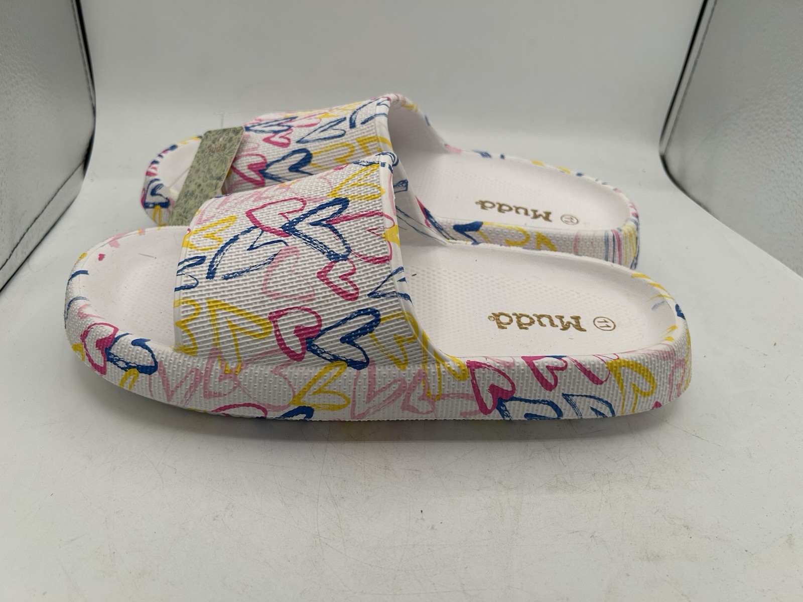 Mudd Women’s Slide Sandals White Multicolor Heart Print Slip On US 11 BNWT!