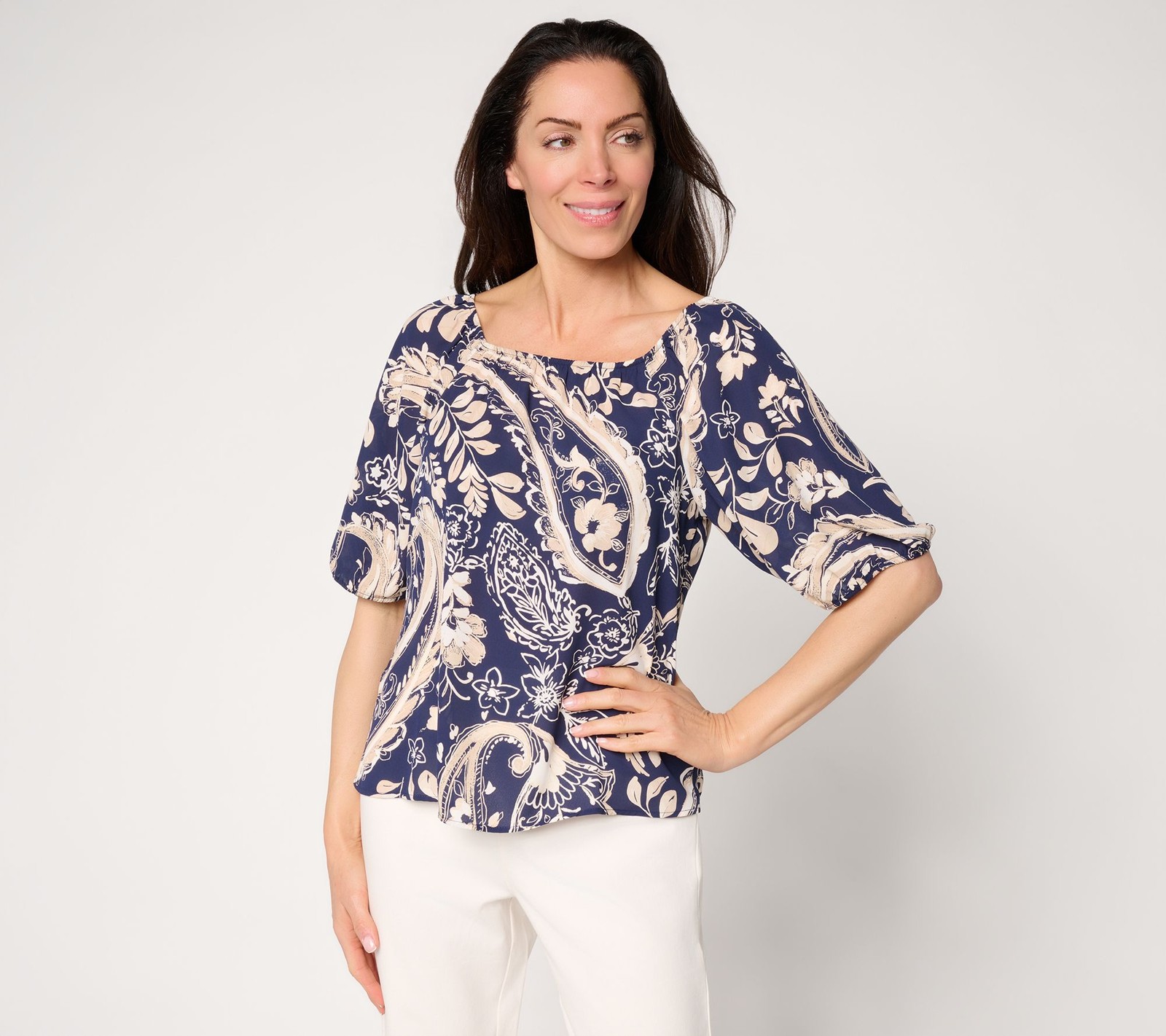 BEAUTIFUL by Lawrence Zarian Georgette Picture Perfect Paisley Blouse Navy L New