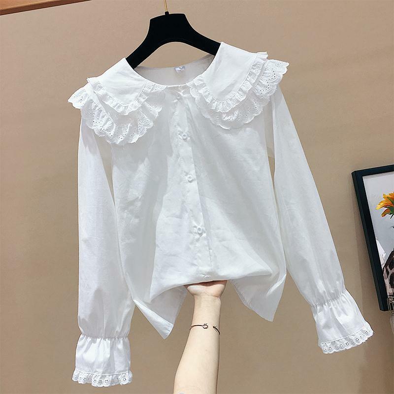 Office Lady Clothes Black White Lace Collar Top Lolita Cute Shirt Women Blouse