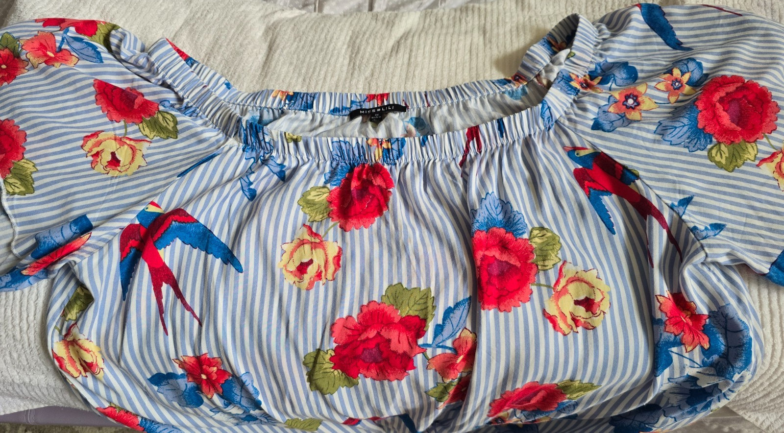 New Miss Lili Women’s 3X Off Shoulder Top Floral Birds Tropical Coastal Bust 28″