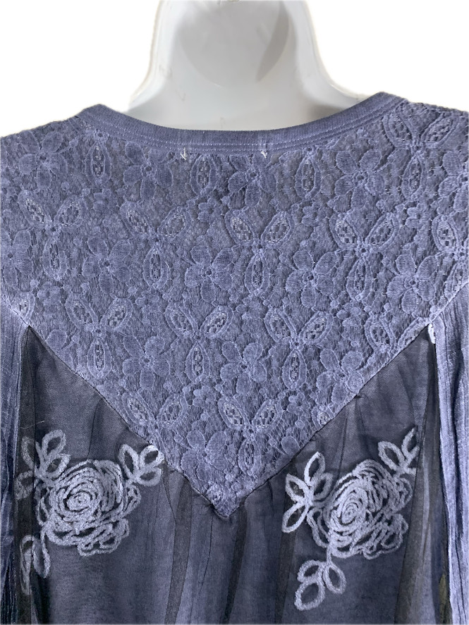 Feratelli Boho Grunge Peasant Embroidered Blue Lace Layered Tunic Top NWOT Small