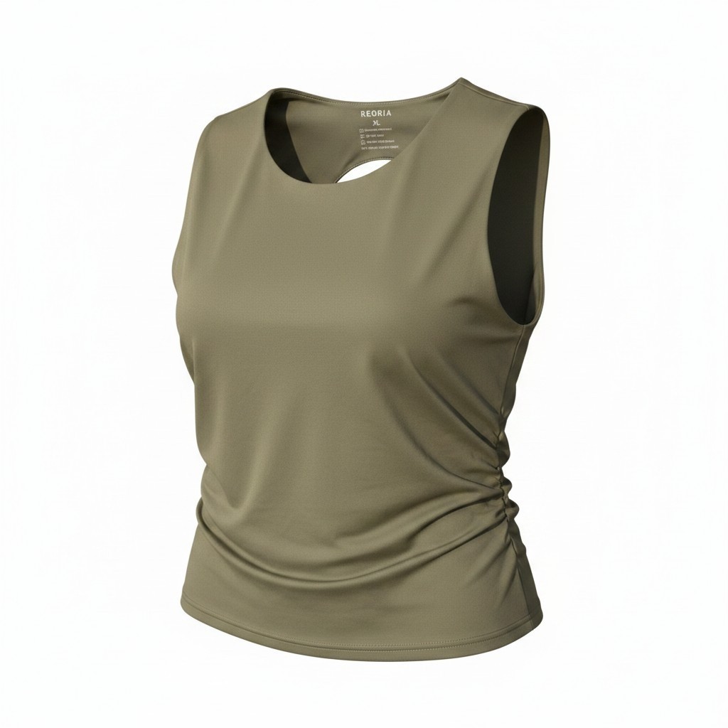 REORIA Ruched Women’s Tank Top XL Olive Green Side Gathers Crew Neck Minimalist