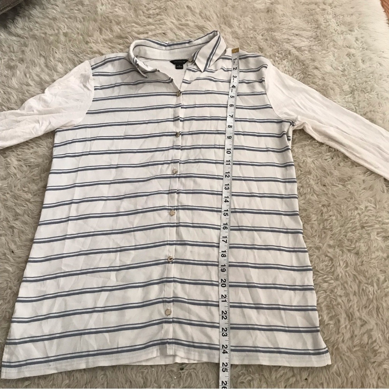 Ann Taylor career button down collared striped mixed fabric blouse small