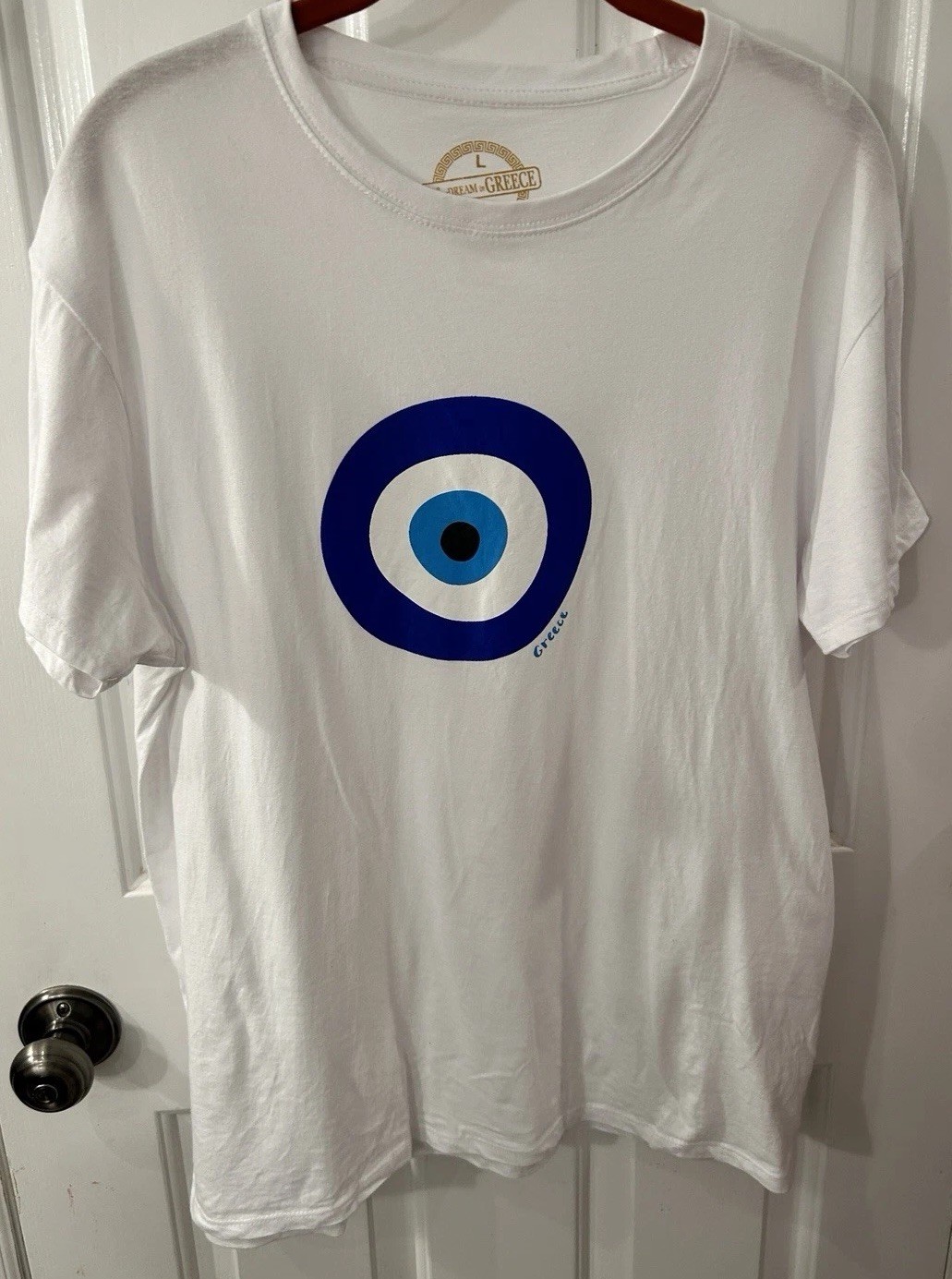 Live Your Dream In Greece Women’s Size L White Cotton Evil Eye T-Shirt New