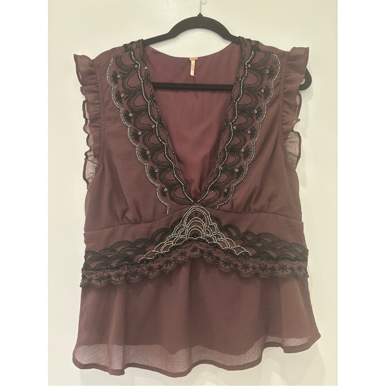 Free People Embroidered Beaded V-Neck Ruffle Cap Sleeve Tank Blouse