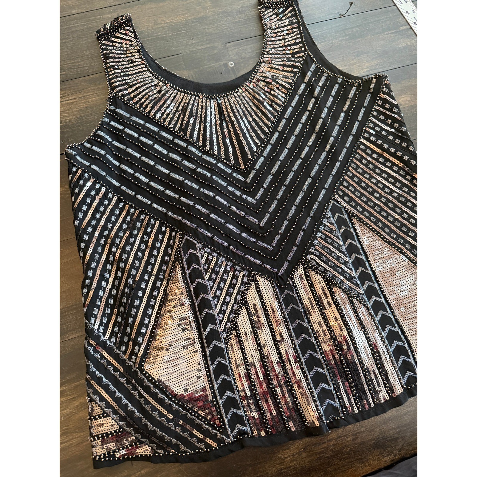 Cupio Sequin Embroidered Art Deco Tank Top Black Gold Silver Size Large