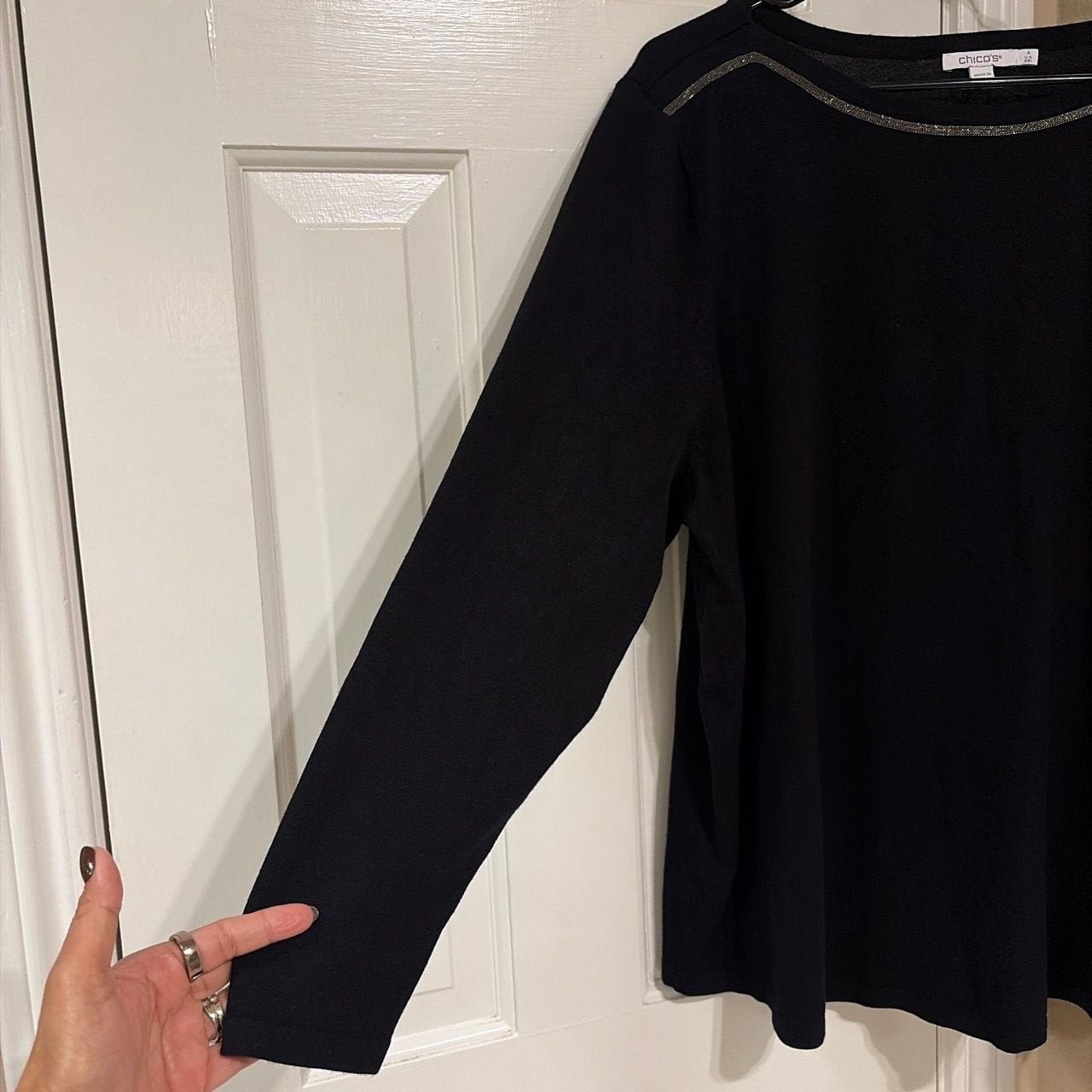Chico’s Black Long Sleeve Blouse with Chain Link Neckline Trim, Size 4 XXL