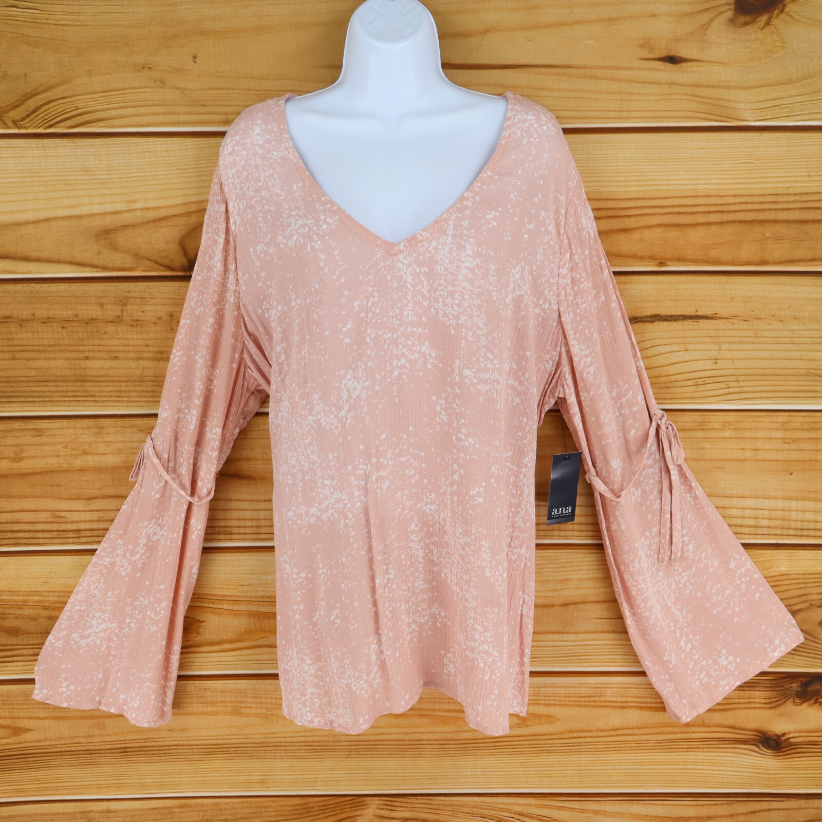 A New Approach Blouse Shirt Womens Sz XL Pink Geometric Bell Sleeves V-Neck NEW