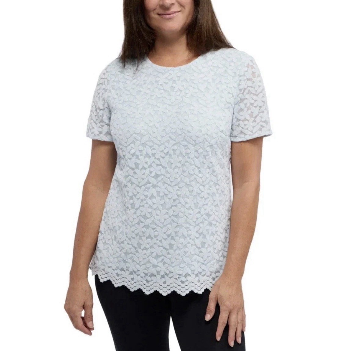 Teddi Rose Women’s Light blue Floral Lace Top Scallop Hem Blouse Sz M – NEW
