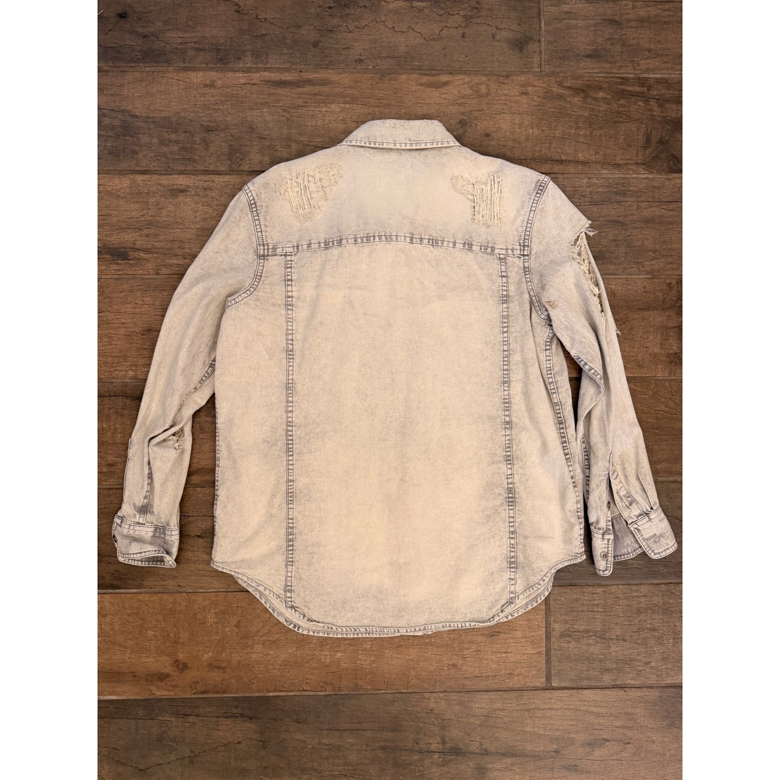 American Eagle Oversized Distressed Denim Button Down Shirt Light Acid Wash