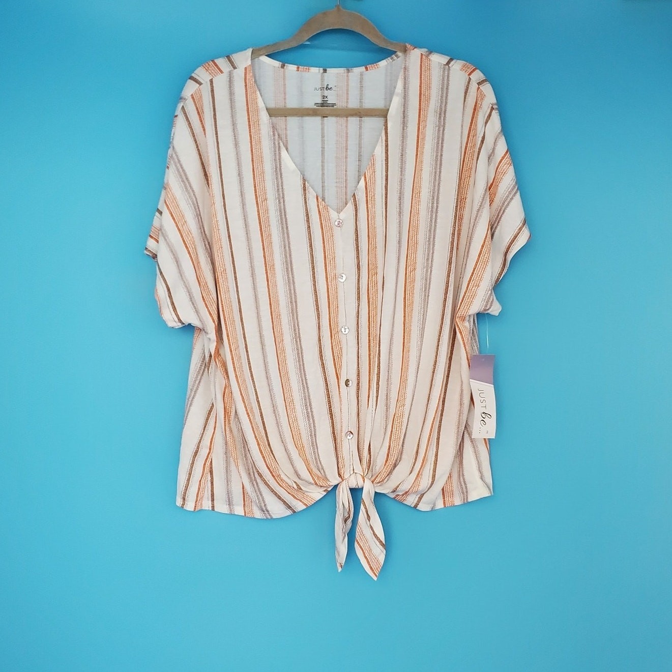 NEW Just Be Top Size 2X Striped Short Sleeve Tie Front V-Neck