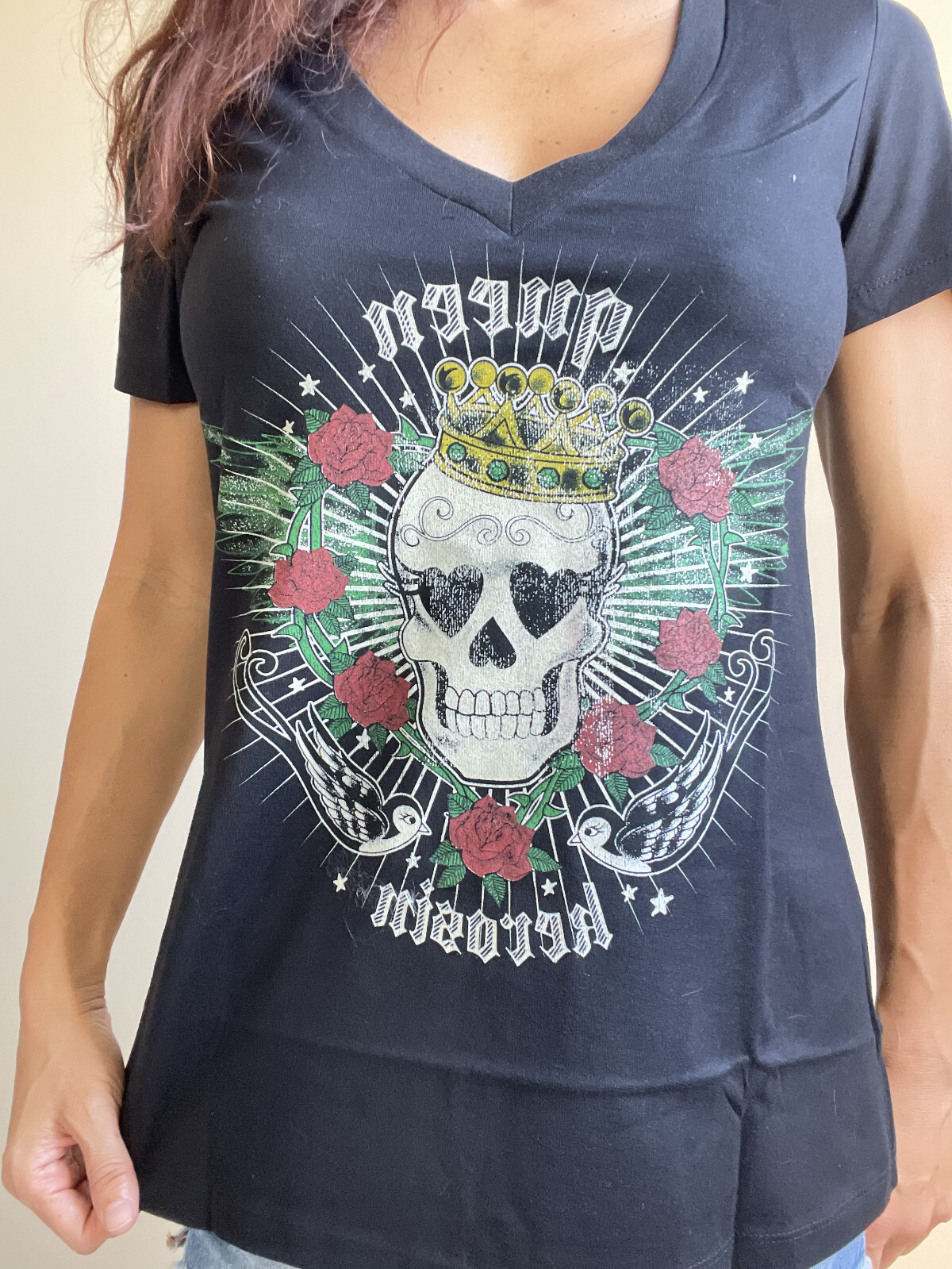 Timeless Clothing Women’s skull tattoo art design V Neck Tee