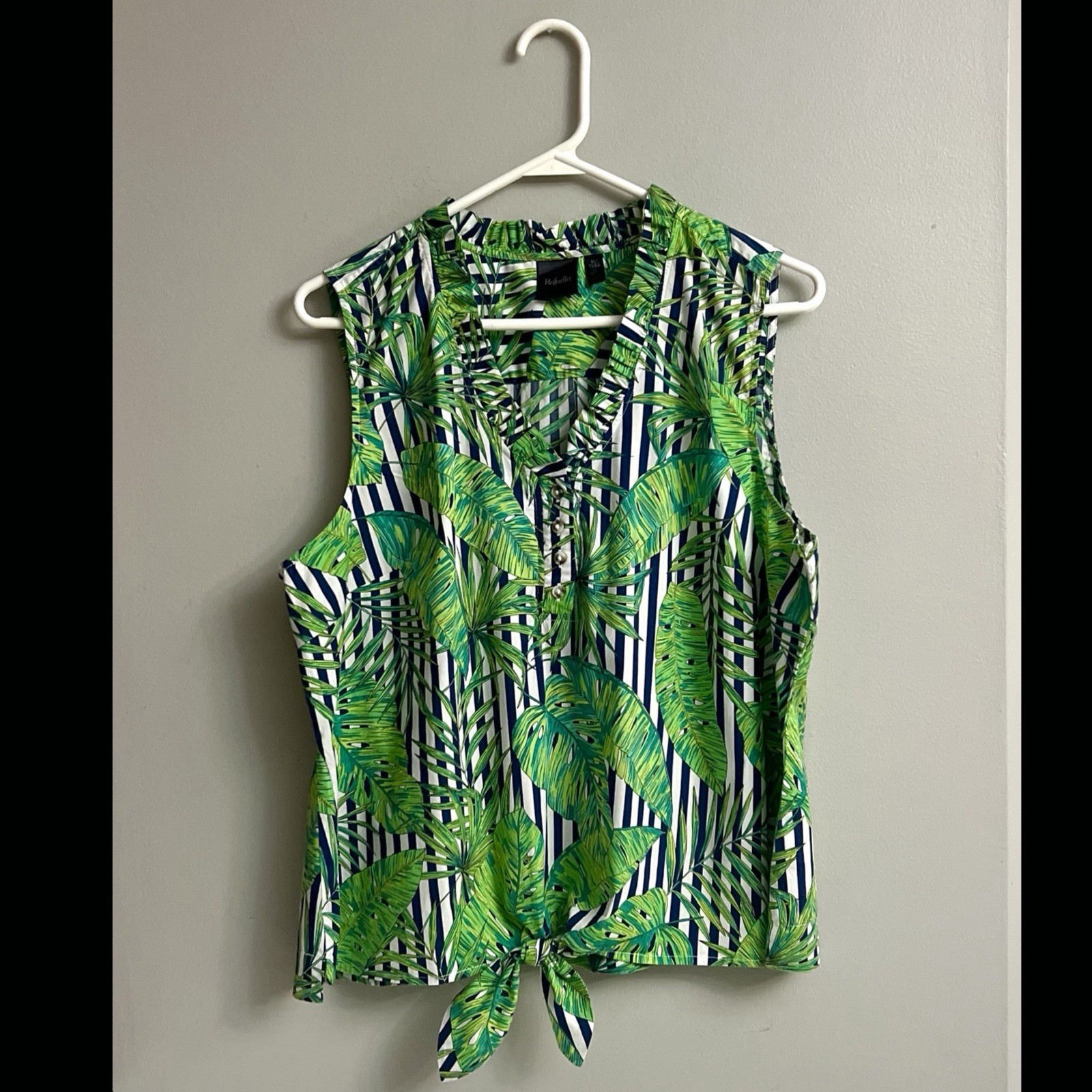 Rafaella Tropical Palm & Stripe Tie-Front Sleeveless Blouse