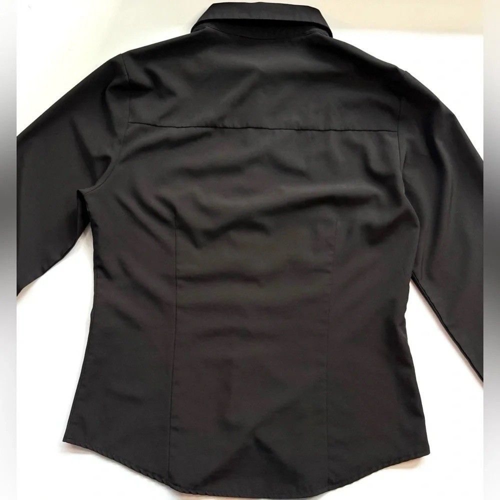 Solid Button-Up Collared Long Sleeve Shirt Top Black Size M Workwear