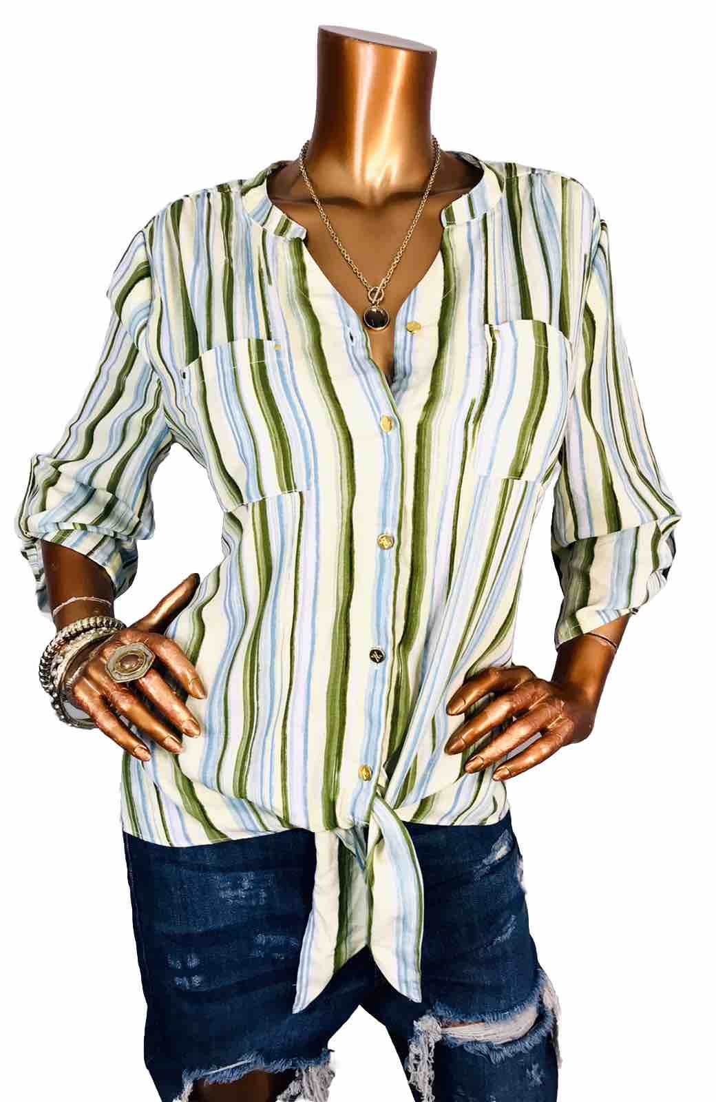 Adrienne Vittadini L Top Striped Knot Tie Hem Front Button Up Shirt Blouse V Cut