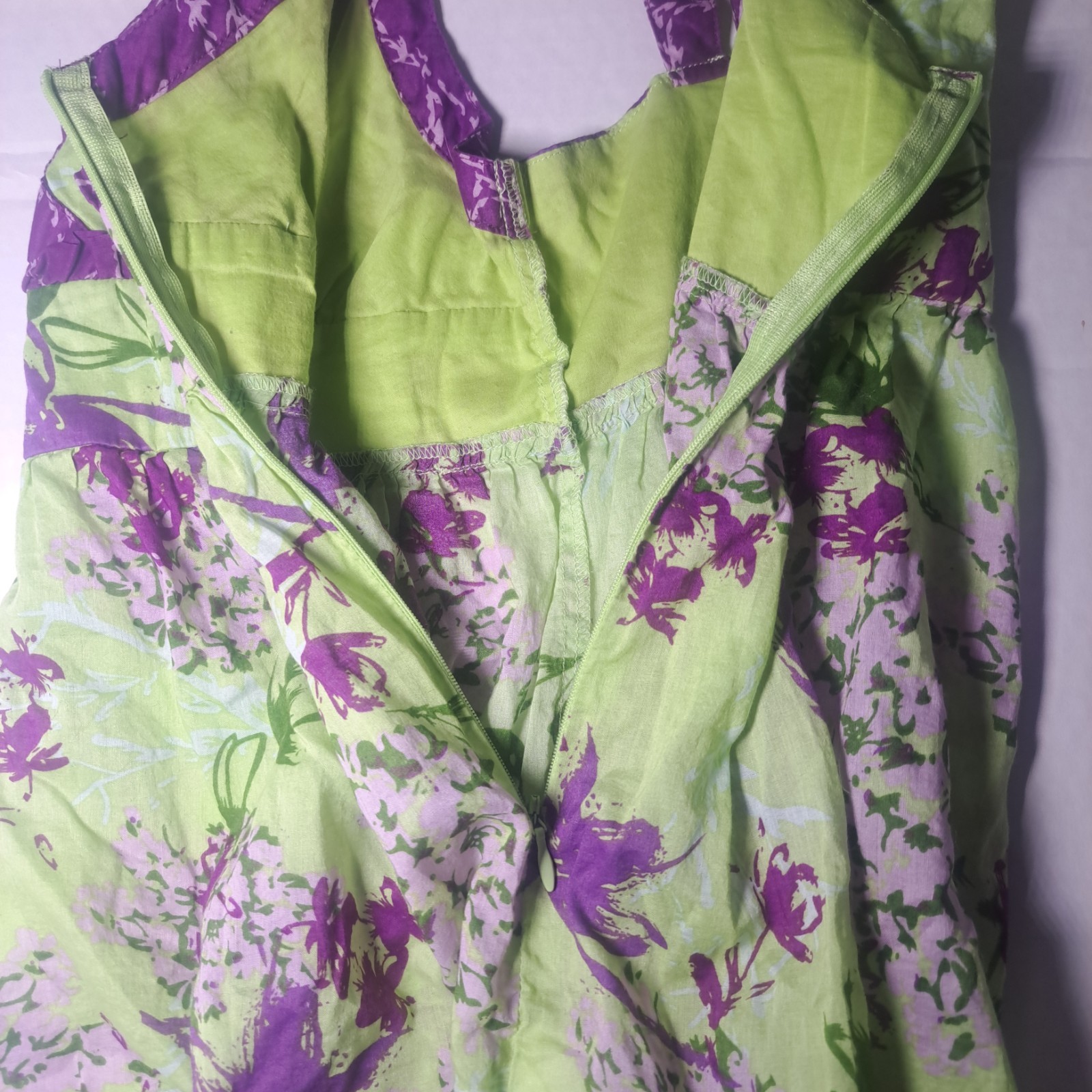 Kensie Y2K Green & Purple Floral Babydoll Top Criss Cross Straps Side Zip Sz XS