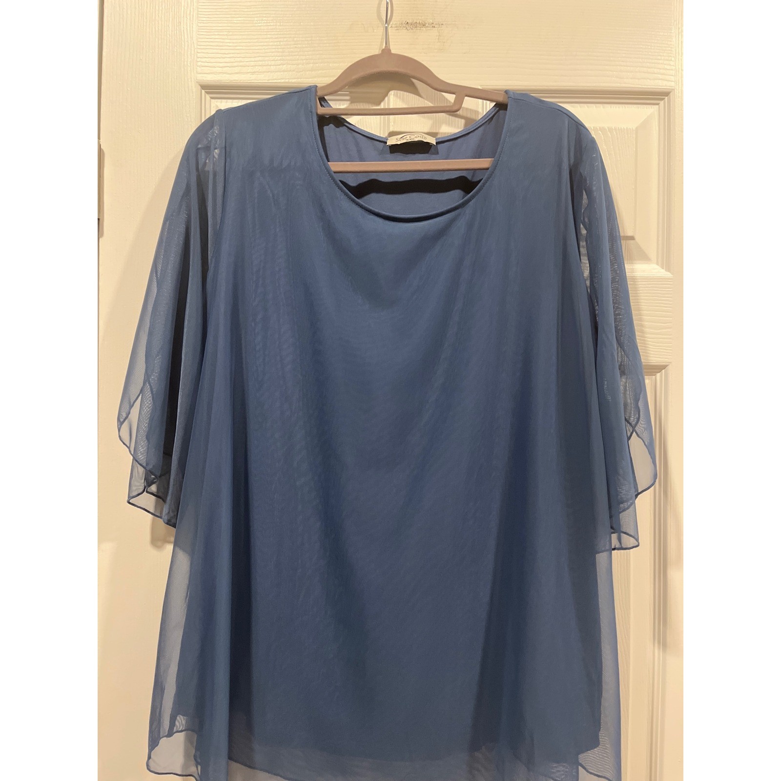Sese Code Blue Mesh Overlay Blouse XXL Short Flutter Sleeve Layered Scoop Neck