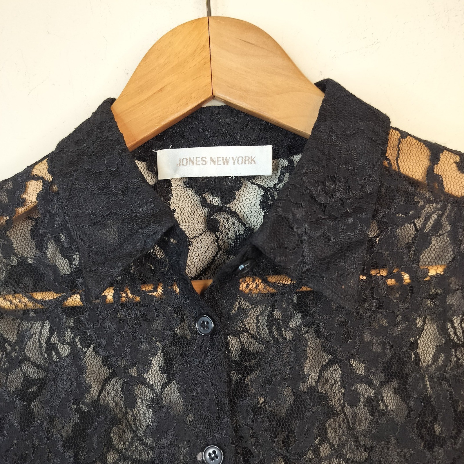 Jones New York Lace Button Down Shirt Womens Small Sheer Floral Goth Black