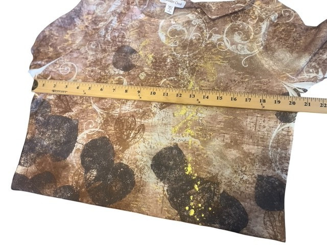VTG Coldwater Creek Fits Medium Browns Taupe w/ Gold Abstract Knit Tunic Top