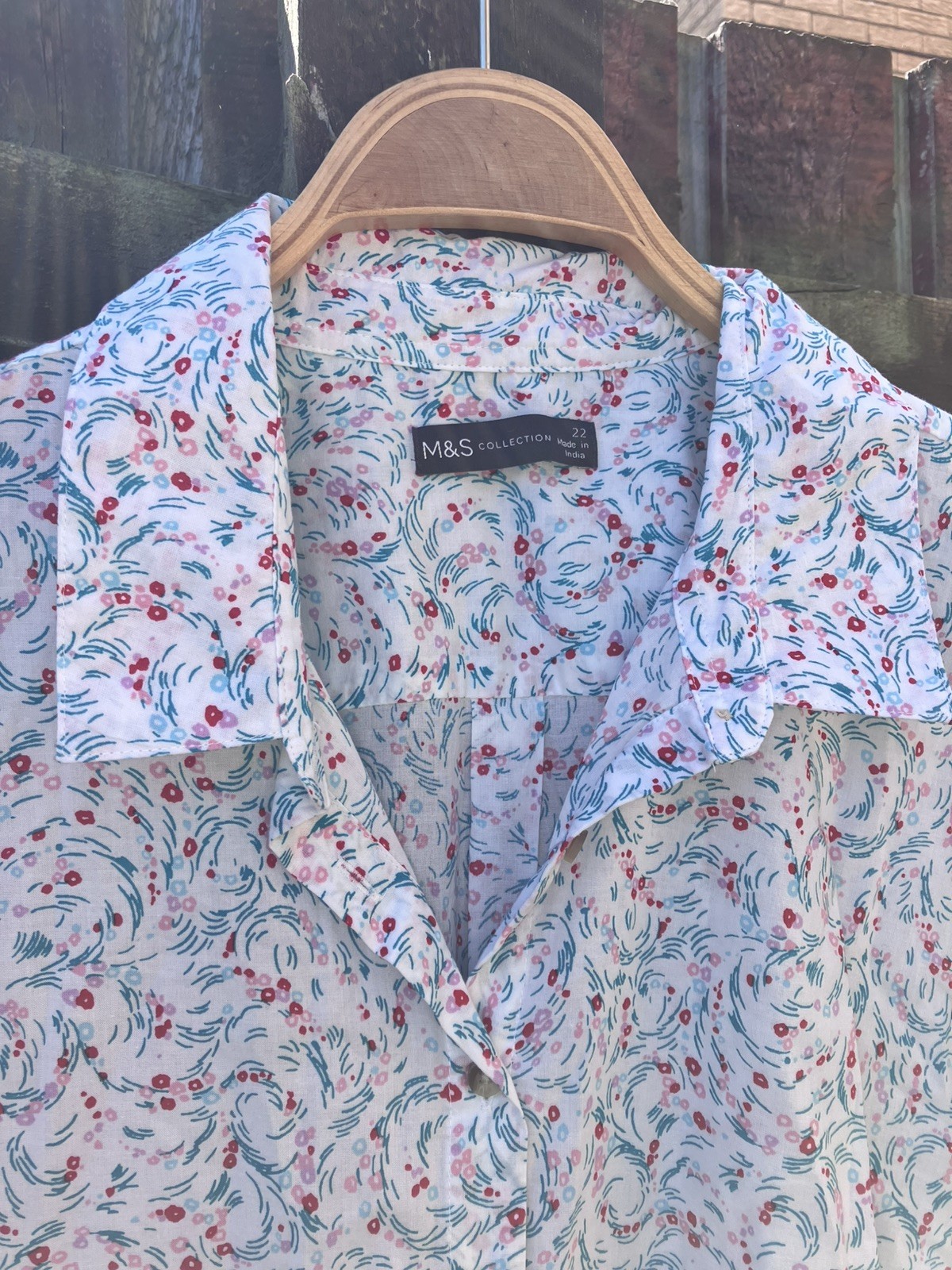 M&S Collection Floral Cotton Blouse UK22 White/Pink/Red Roll Tab Sleeve Pleats