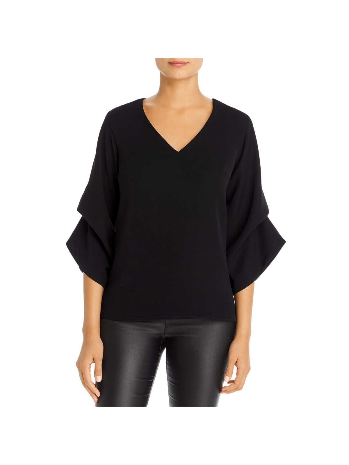 SNIDER Womens Black Zippered Button/loop Draped Sleeve V Neck Wear To Work Top M