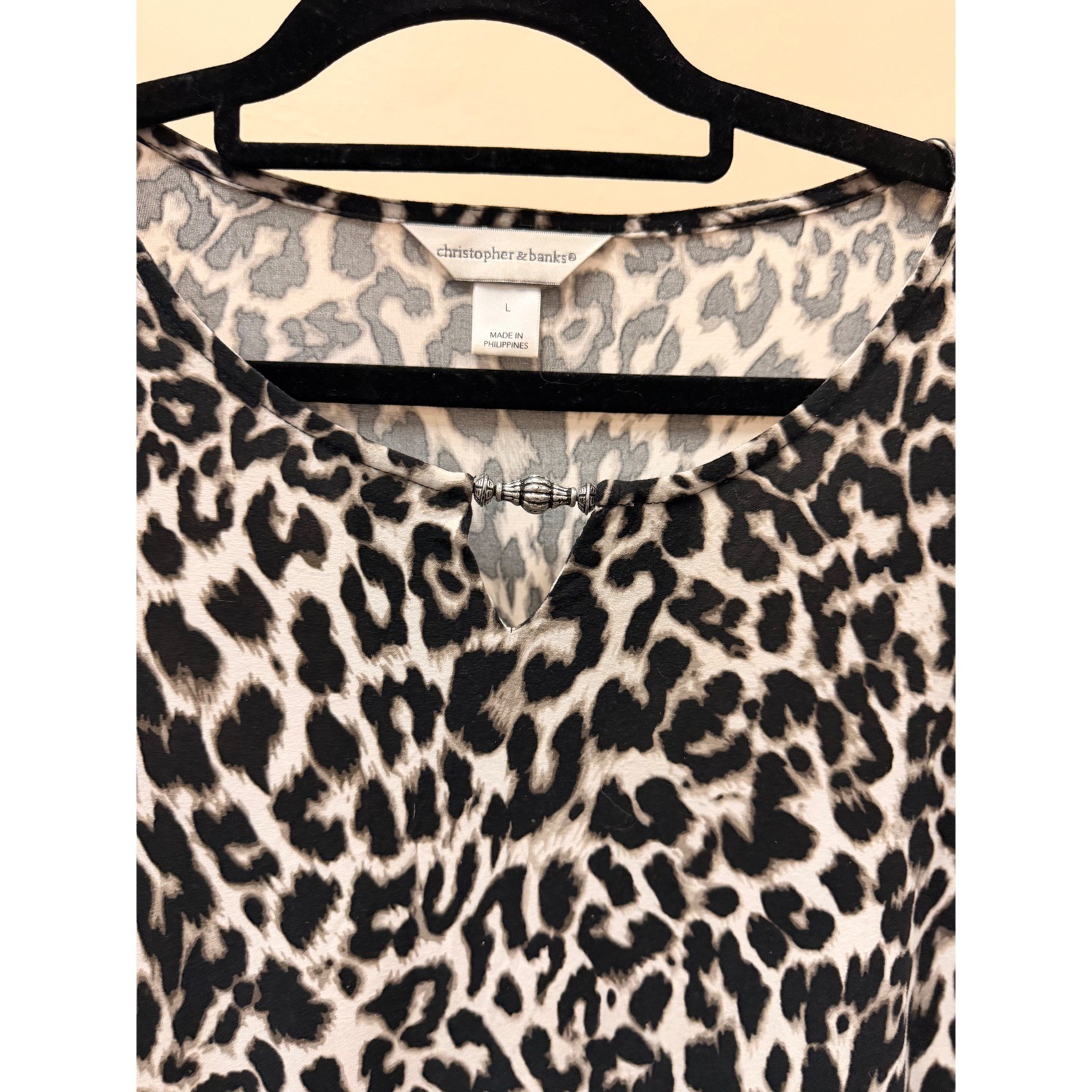 Christopher & Banks Leopard Print Tunic Top Black White 3/4 Sleeve Large