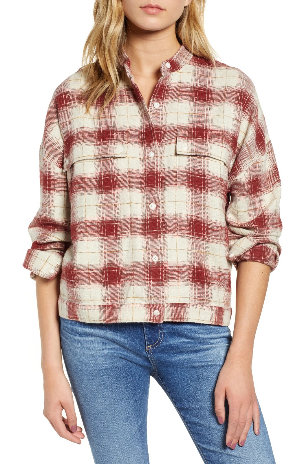 AG Adriano Goldschmied Smith Women’s Plaid Flannel Shirt Jacket Red Cream Size L