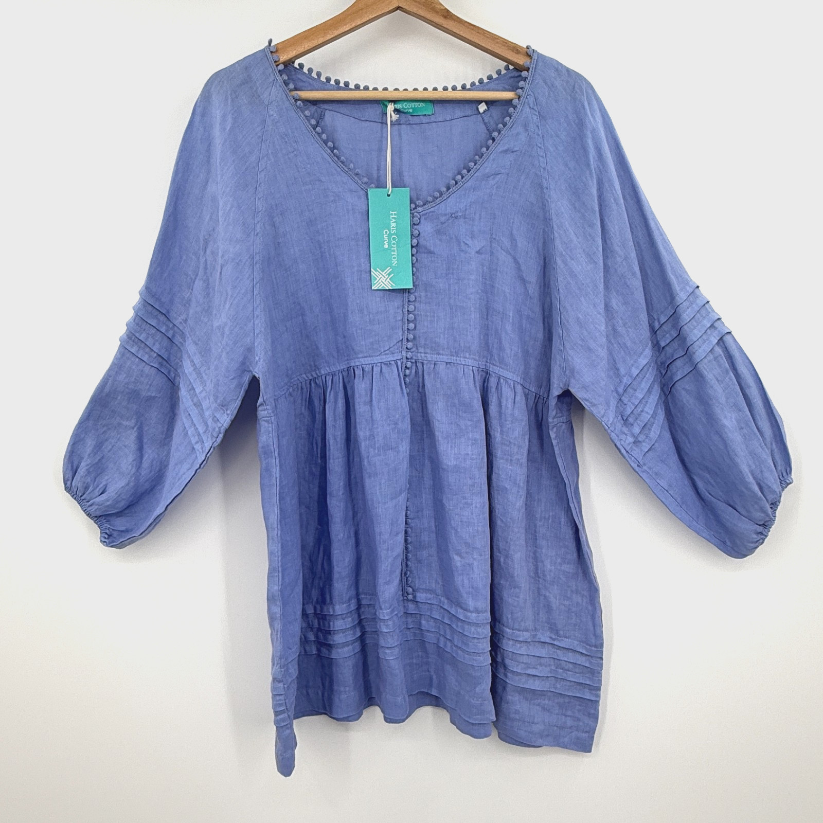 Haris Cotton Curve Linen Tunic Babydoll Top Made in Greece Oversized Small Blue