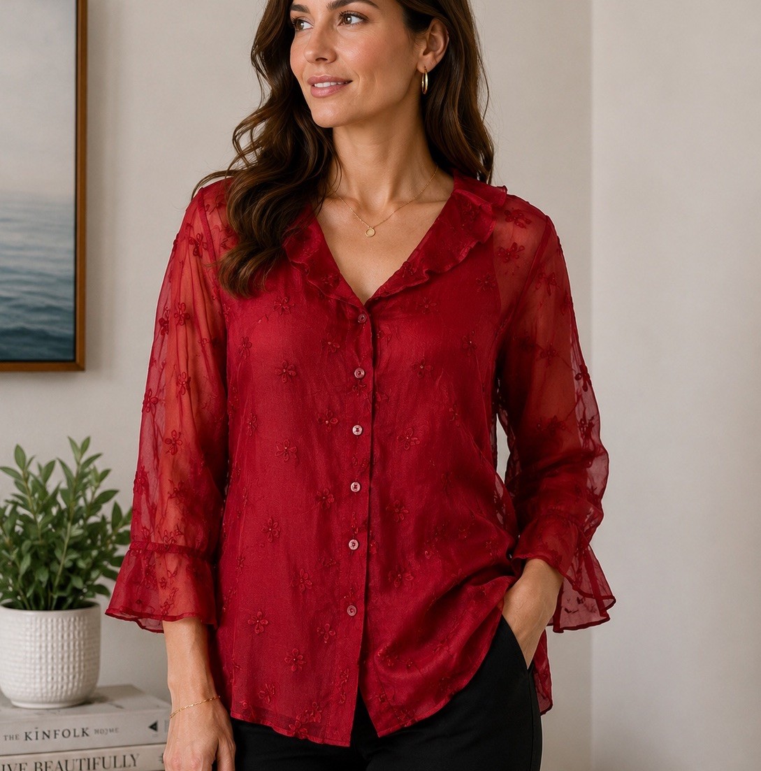 TESS Vintage 100% Silk Red Embroidered Sheer Blouse Top L Deadstock New Romantic