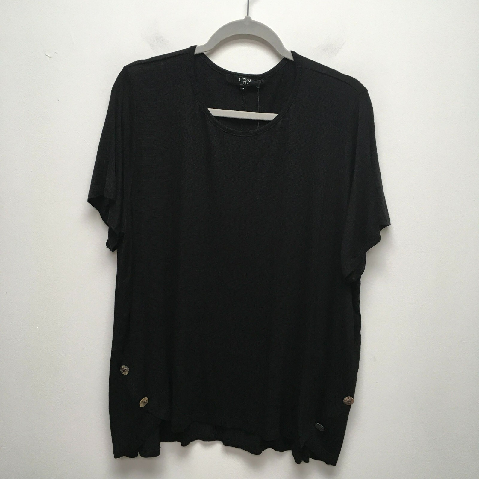 Coin 1804 Womens Black Round Neck Embellished Button Stretch Short Sleeve Top 3X
