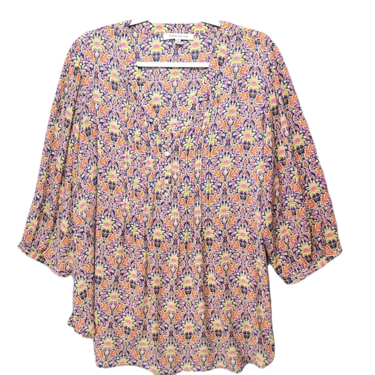 Rose Olive Blouse Womens 1X Floral Boho Peasant Button Pintuck Colorful Fairy